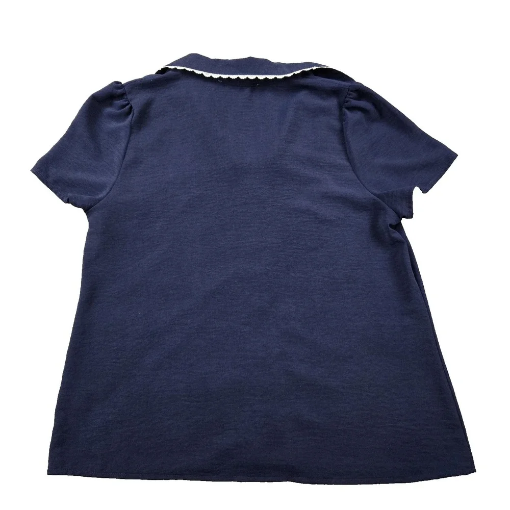 Fair Haven Women's Short Sleeve Shirt Navy with Feminine Lace Trim Demure Large - Picture 4 of 9